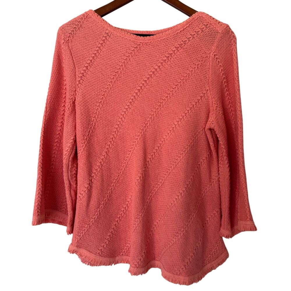 Chicos Frayed‎ Hem 3/4 Sleeve Knit Coral Sweater Size Medium